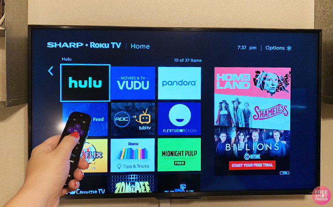 Hand Pointing with Remote to TV with Hulu on it