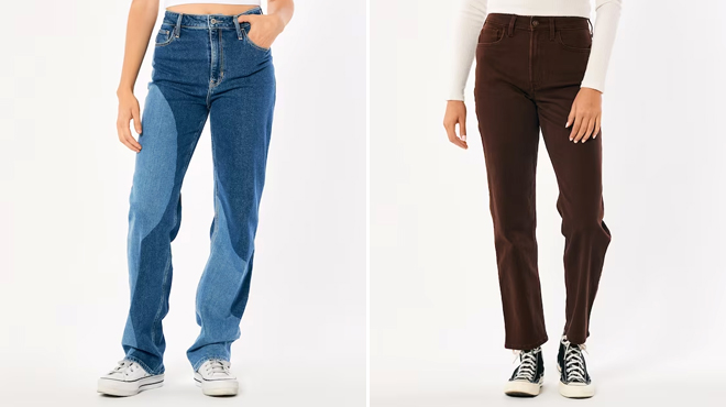 Hollister High Rise Blue Rinse Wavy Pattern Dad Jeans and Hollister Ultra High Rise Brown Ankle Straight Jeans
