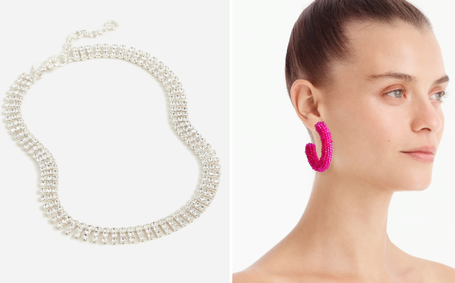 J Crew Sparkle Collar Necklace and BEaded Hoop Earrings