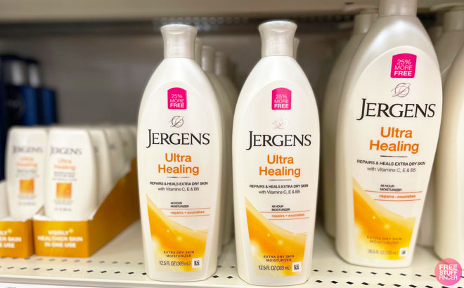 Jergens Ultra Healing Lotion Bottles on a Shelf
