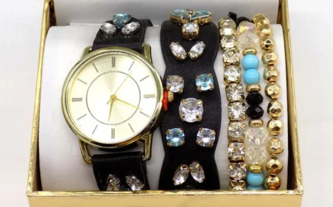 Jessica Carlyle Womens Analog Black Jeweled Strap Watch with Matching Bracelets Set