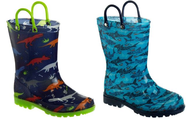 Josmo Rain Boots for Boys in Green Dinosaur and Navy Sharks Style