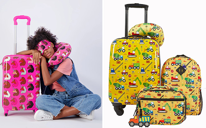 Kids Afro Unicorn Travel Set and Kids 5 piece Luggage Set Cars