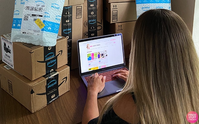 Lady Checking Out Amazon Prime Day Deals in Free Stuff Finder WEbsite