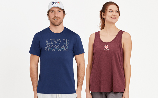 Man and Woman Wearing Life is Good Tees