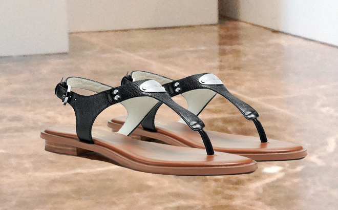 Michael Kors Leather MK Plate T Strap Sandals