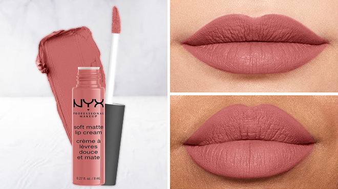 NYX Professional Soft Matte Lip Cream in Shanghai Shade on the Left and Two Women Wearing the Same Item on the Right