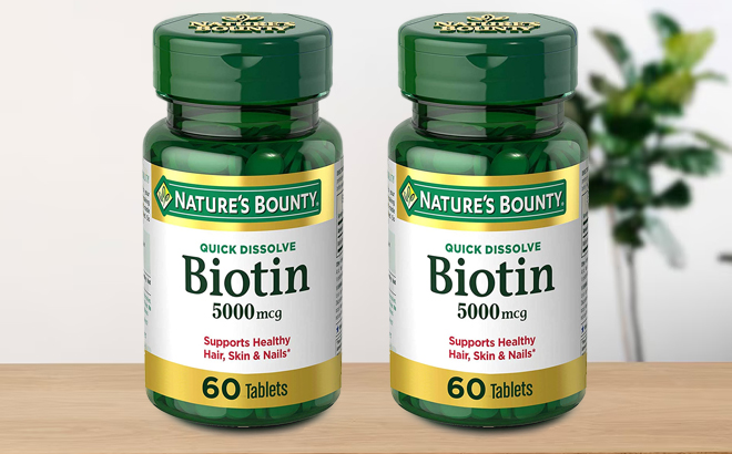 Natures Bounty Biotin Tablets on a Table