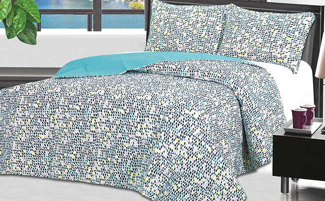 Navy Teal Abstract Dots 3 Piece Quilt Set