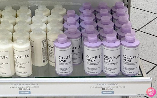 Olaplex No 4P Blonde Enhancing Toning Shampoos on a Shelf