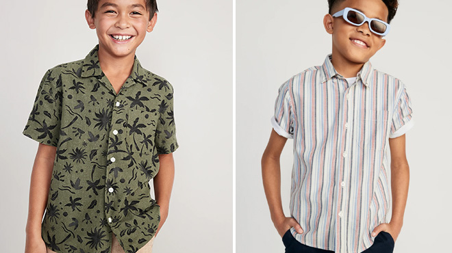 Old Navy Boys Short Sleeve Linen Blend Camp Shirt on the Left and Old Navy Boys Short Sleeve Oxford Shirt on the Right