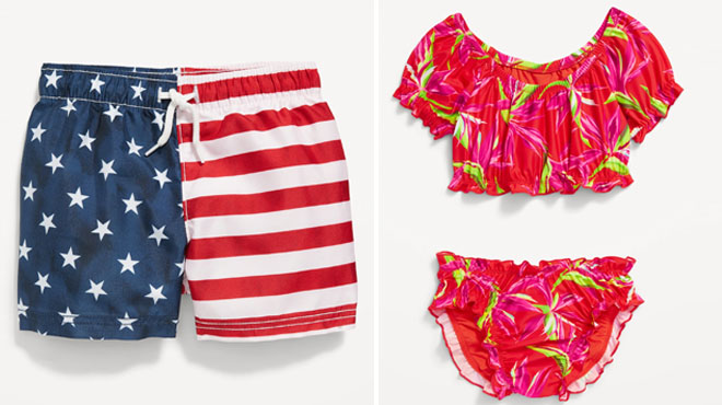 Old Navy Matching Printed Swim Trunks and Puff Sleeve Ruffle Trim Tankini Bikini Swim Set for Baby