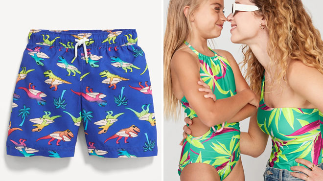 Old Navy Printed Swim Trunks for Toddler Boys and Printed One Shoulder Swimsuit for Toddler Girls