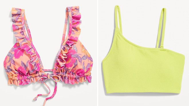 Old Navy Ruffle Trimmed Triangle String Bikini Swim Top on the Left and Old Navy Pucker Convertible Bandeau Bikini Swim Top on the Right