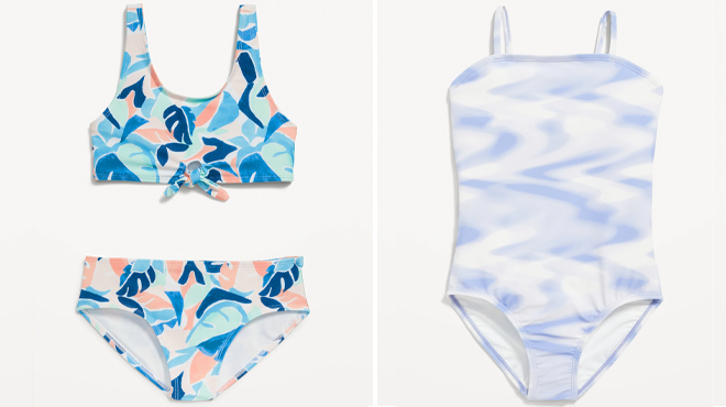 Old Navy Tie Front Bikini Swim Set on the Left and Old Navy Printed Bandeau One Piece Swimsuit on the Right