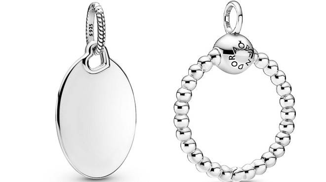 Pandora Silver Engravable Oval Tag Pendant Necklace and Moments Silver Beaded O Pendant