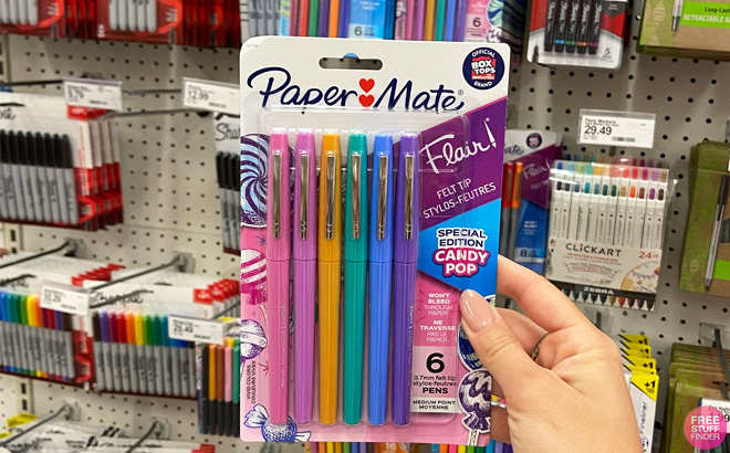 A Hand Holding a 6-pack of Paper Mate Flair Felt Pens at a Target Store