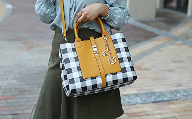 Person Carrying MFK Collection by Mia K Gingham Yuliana Two in One Satchel
