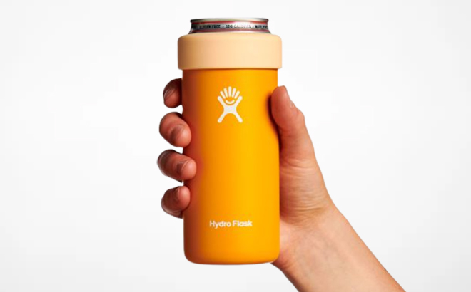 Person Holding Slim 12 Ounces Cooler Cup in Starfish Color