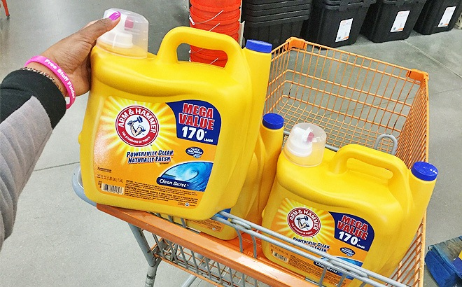 Person Holding a Arm Hammer 170 Loads Laundry Detergent