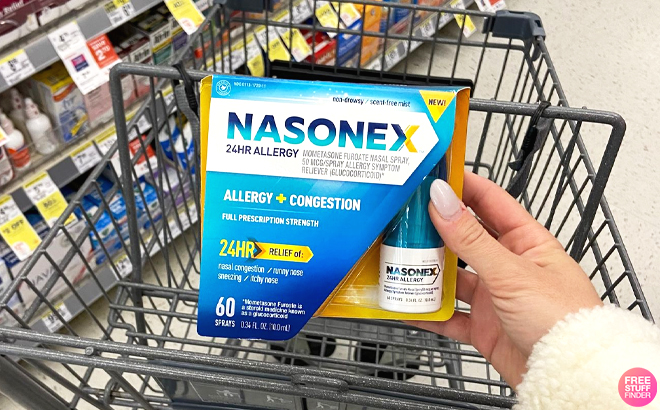 Person Holding a Nasonex 24HR Allergy Congestion Spary Bottle