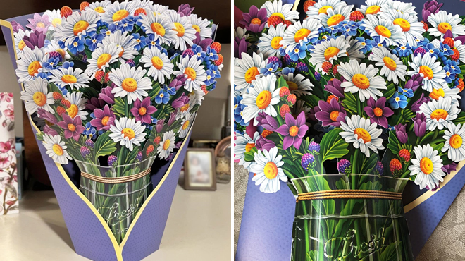 Popup 3D 12 Inch Flower Bouquet Daisies on a Table on the Left and Closer Look of Same Item on the Right