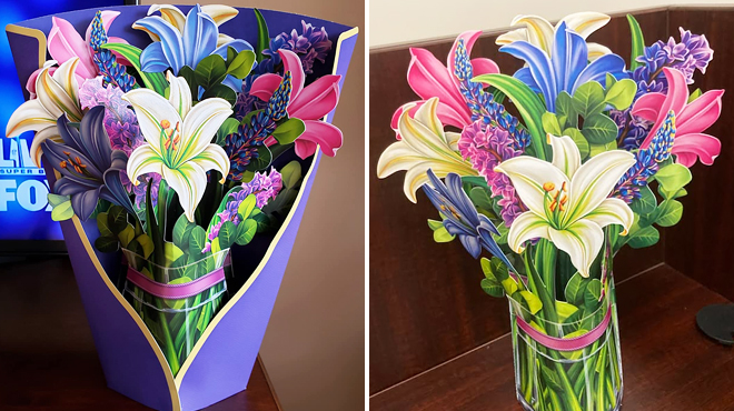 Popup 3D 12 Inch Flower Bouquet Lillies Lupines on the Left and Different View of Same Item on the Right