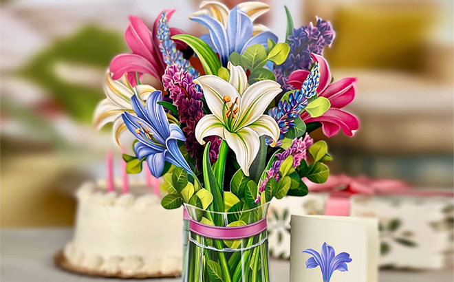 Popup 3D 12 Inch Flower Bouquet Lillies Lupines with Greeting Card on a Table
