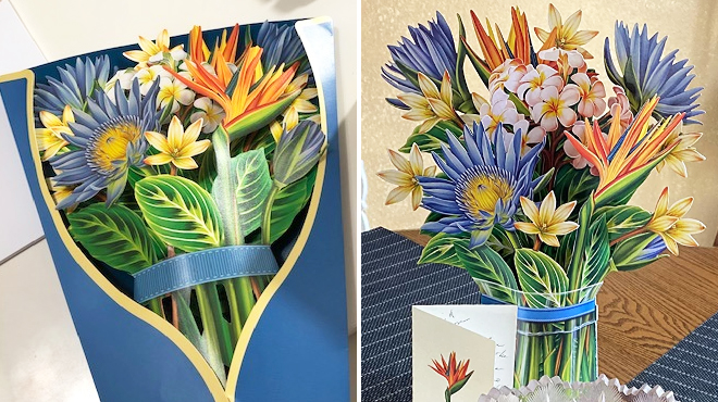 Popup 3D 12 Inch Flower Bouquet Lotus Blossom on a Table on the Left and Closer Look of Same Item on the Right