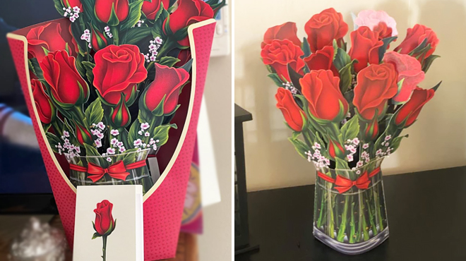 Popup 3D 12 Inch Flower Bouquet Red Roses on a Table on the Left and Full View of Same Item on the Right
