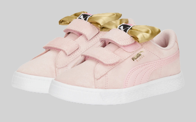 Puma Suede Classic Bow V Little Kids Shoes in Almond Blossom And Puma White Color