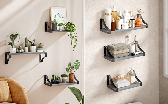 Rustic Wood Floating Shelves Wall Mounted 3 Piece