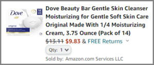 Screenshot of Dove Beauty Bar Soap 14 Pack Discount at Amazon Checkout