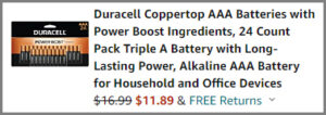 Screenshot of Duracell AAA Batteries 24 Pack Discounted Final Price at Amazon Checkout