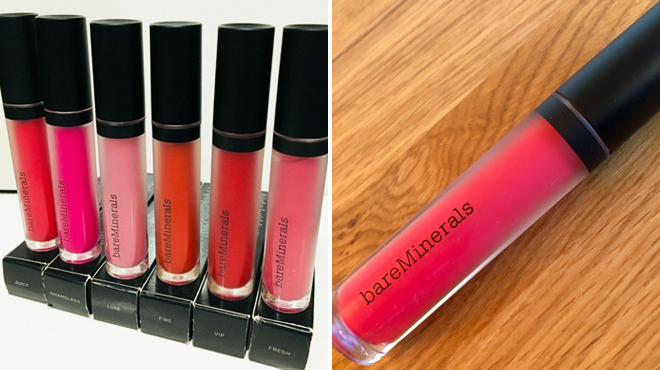Six BareMinerals Statement Matte Liquid Lipstick on the Left and Same Item in Juicy Shade on the Right