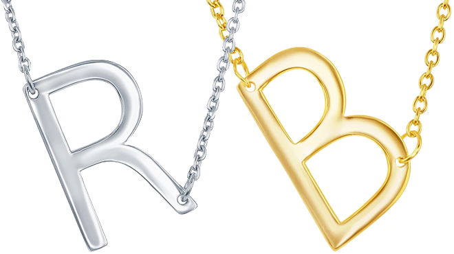 Sterling Silver Sideways Initial Necklace in Letter R on the Left and Same Item in Gold Tone Letter B on the Right