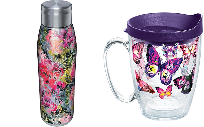 Tervis Perennial Garden Garden Insulated 17 Oz Water Bottle and Purple Butterfly Passion Double Insulated Mug