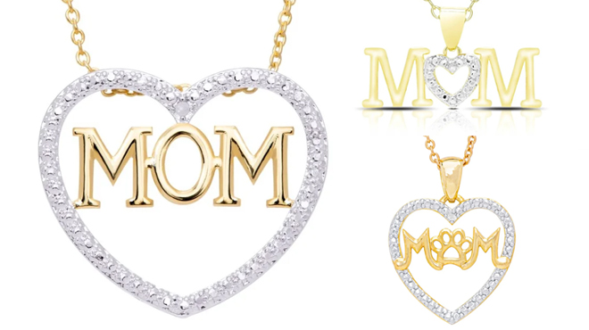 Three Diamond Accent Mom Heart Necklace Pendants in Different Styles