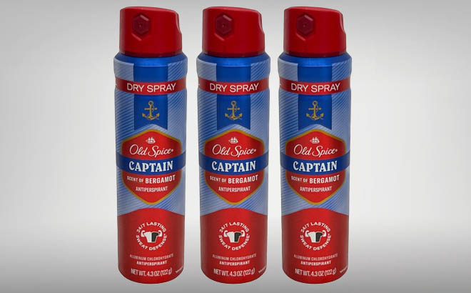 Three Old Spice Captain Dry Spray 4 3 Ounce with a Gray Background