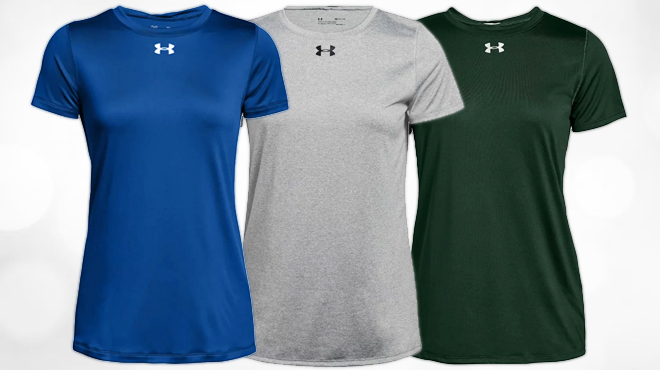Three Under Armour Womens Short Sleeve Locker 2 0 Tees in Royal Blue Grey and Green Colors