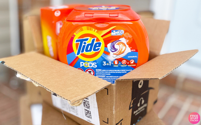 Tide Pods in an Amazon Delivery Box on the Porch of a Home