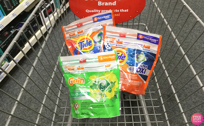 Tide Pods and Gain Laundry Care on a Cart