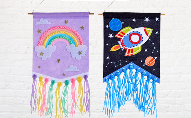 Two Creatology Banner Craft Kits in Rainbow Style on the Left and Rocket on the Right
