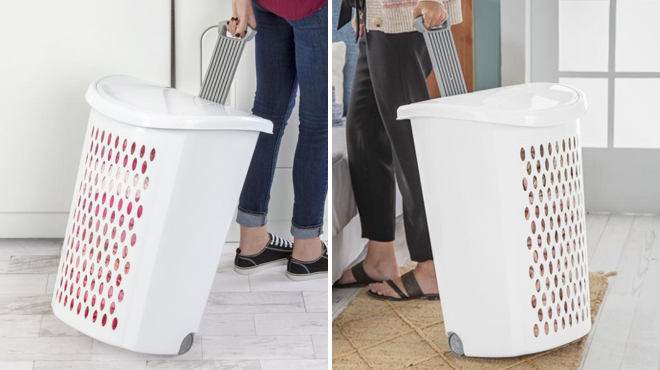 Two Images Showing Sterilite Ultra Wheeled Hamper Plastic in White Color on the Left and Same Ite