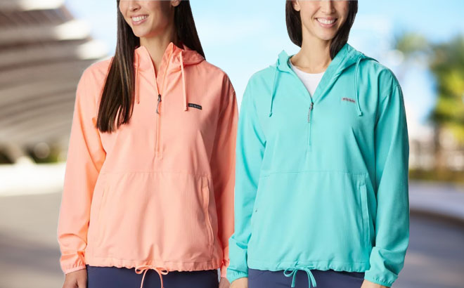 Two Women Wearing Two Different Colors of Columbia Womens Breezy Pines Pullover Hoodie