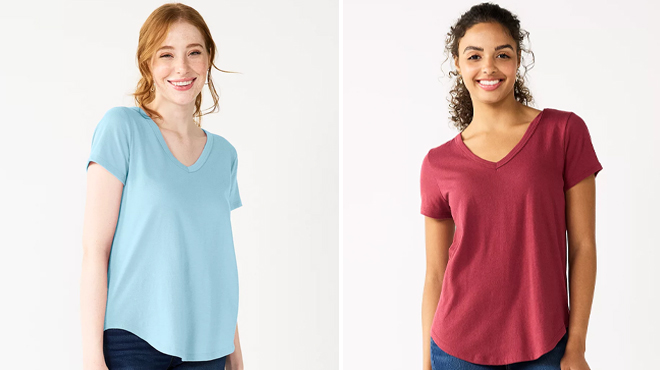 Women Wearing SO Favorite V Neck Short Sleeve Tee in Two Colors