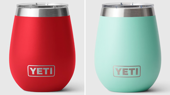 YETI 10 Ounce Rambler Wine Tumbler in Rescue Red Color on the Left and Same Item in Seafoam Color on the Right