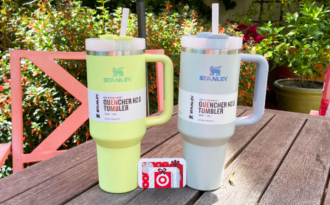 stanley quencher tumblers on pation table with target gift card