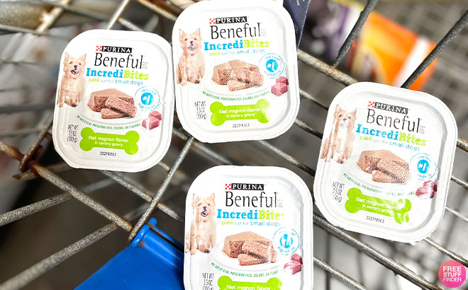 4 Purina Beneful IncrediBites Pate Wet Dog Food on a Cart