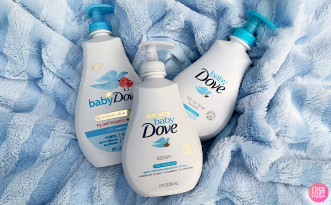 Baby Dove Wash Products on a Baby Blue Blanket